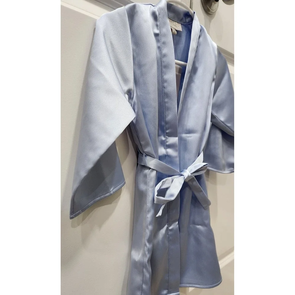 Revelry Kids Get Ready Satin Robe Size S (~3T) Light Blue Flower Girl Bridesmaid